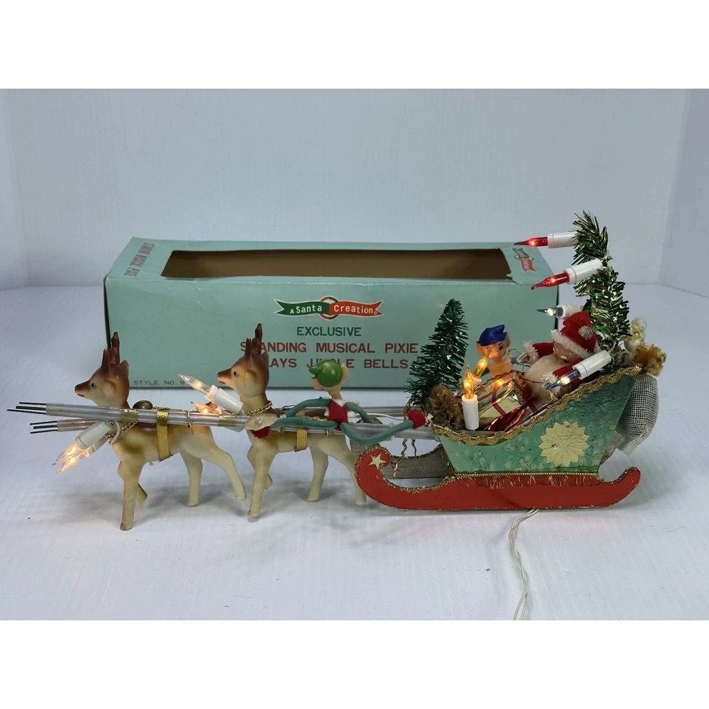 Vintage Christmas Santa Clause Pixie Elves Reindeers Sleigh Electric 1960s
